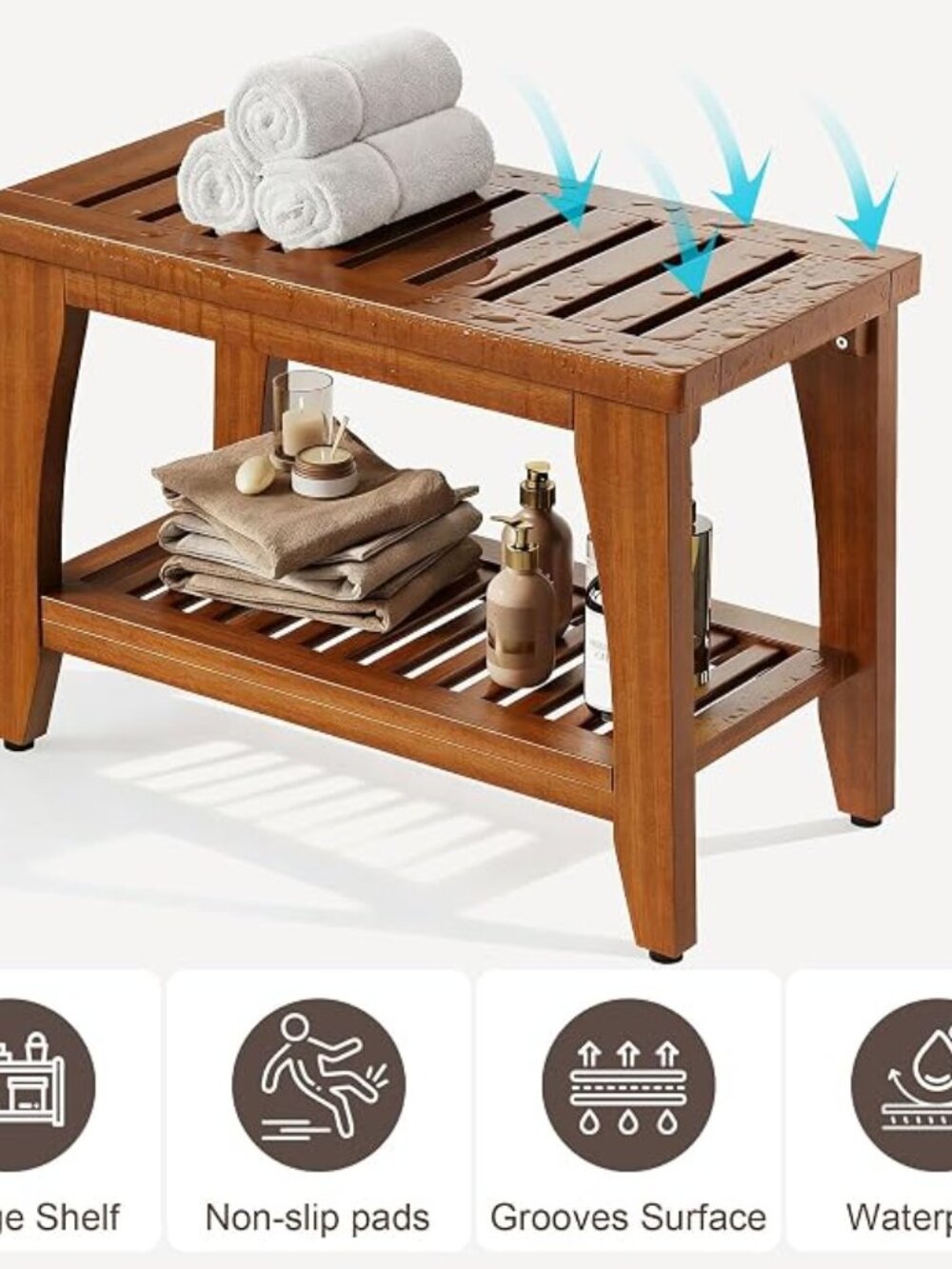Jekruiet 24" Premium Teak Shower Bench with Storage Shelf 400 lb Capacity